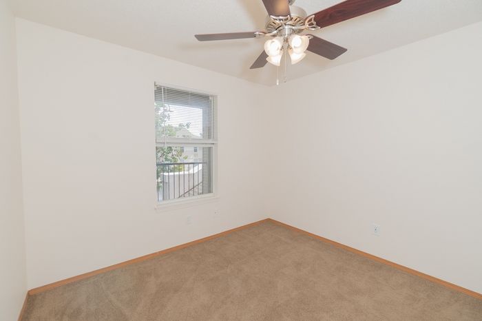 Bright and airy bedroom with a plush carpet, large window, and modern ceiling fan.
