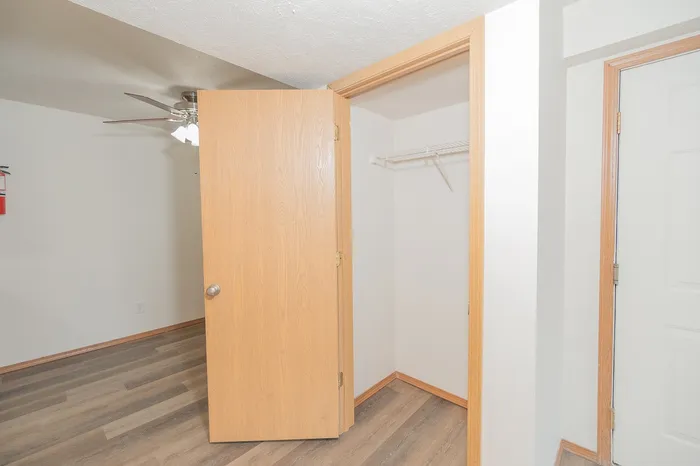 Bright apartment room featuring sleek hardwood floors, a spacious closet with a wooden door, and a modern ceiling fan.