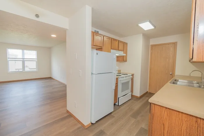 Charming apartment kitchen with modern white appliances and elegant wood cabinetry opening into a spacious, light-filled living area with stylish flooring.