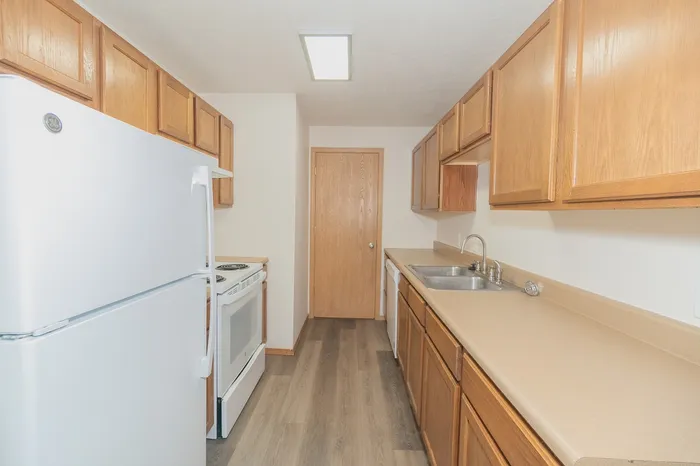 Bright, modern kitchen with sleek wooden cabinetry, spacious countertops, and essential white appliances.