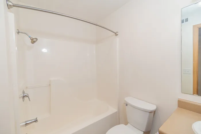 Bright bathroom featuring a modern bathtub, elegant fixtures, and a sleek countertop.