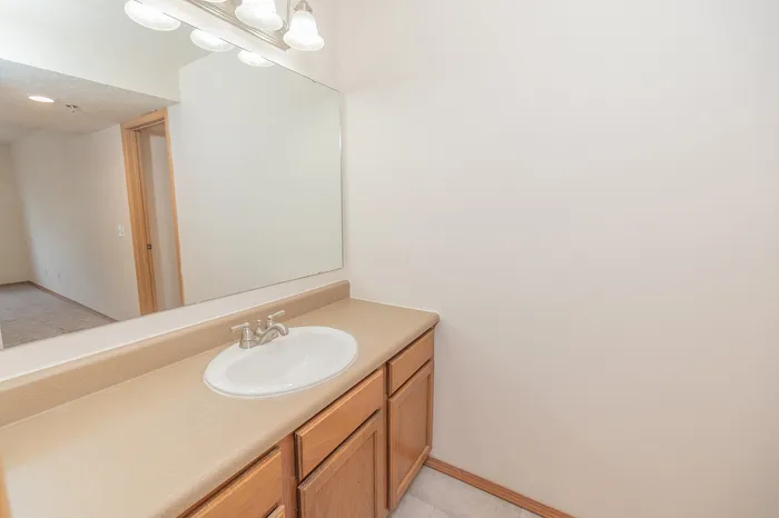 Elegant bathroom with a spacious countertop, wood cabinetry, and large mirror reflecting natural light.