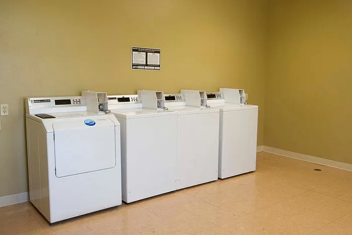 Pristine laundry room featuring four modern washing machines in a well-lit, spacious area.