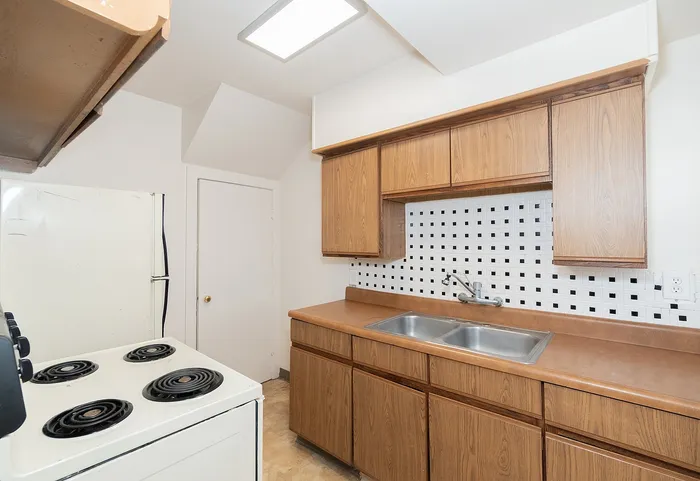 Charming kitchen with warm wood cabinets, sleek double sink, and vintage stove set against a stylish geometric backsplash.