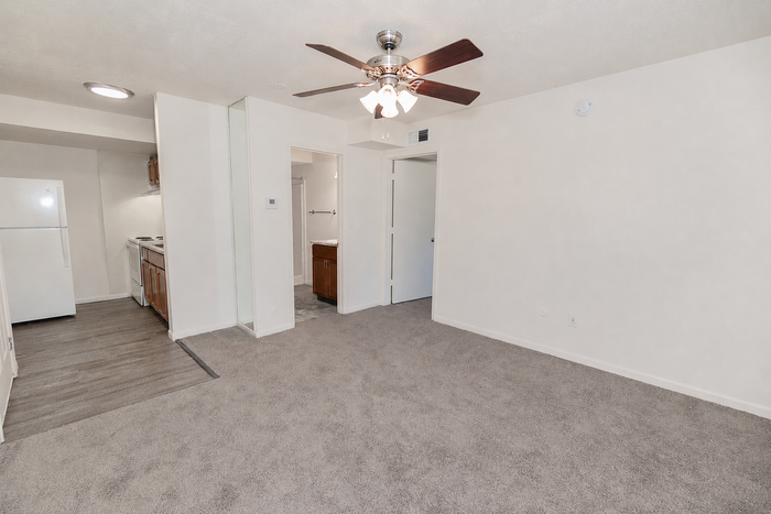 Inviting apartment interior featuring a bright living area with soft carpet, modern ceiling fan, and an adjoining kitchen with sleek wooden cabinetry.