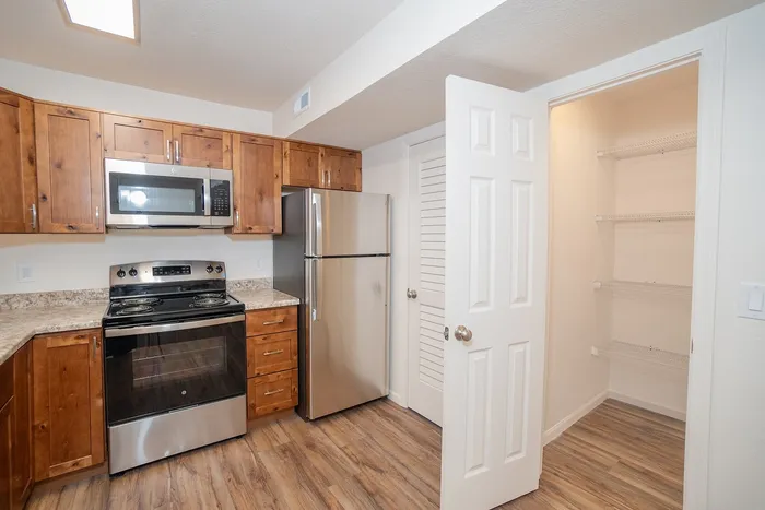 Renovated Chesterfield Village kitchen with wood cabinetry, stainless steel appliances, wood look flooring, and an open pantry.