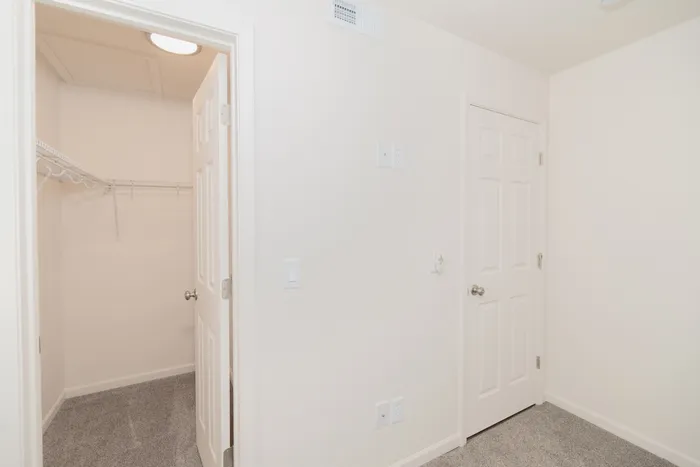 Bright and spacious walk-in closet with modern shelving in a stylish apartment.