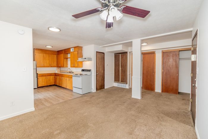 Inviting open-plan apartment with a warm wooden kitchen and cozy carpeted living area.