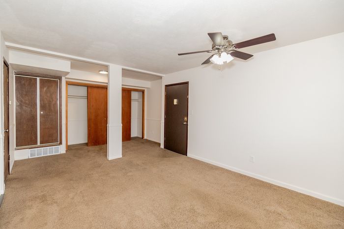 Spacious room with plush carpet flooring, built-in closets, and a modern ceiling fan enhancing comfort and style.