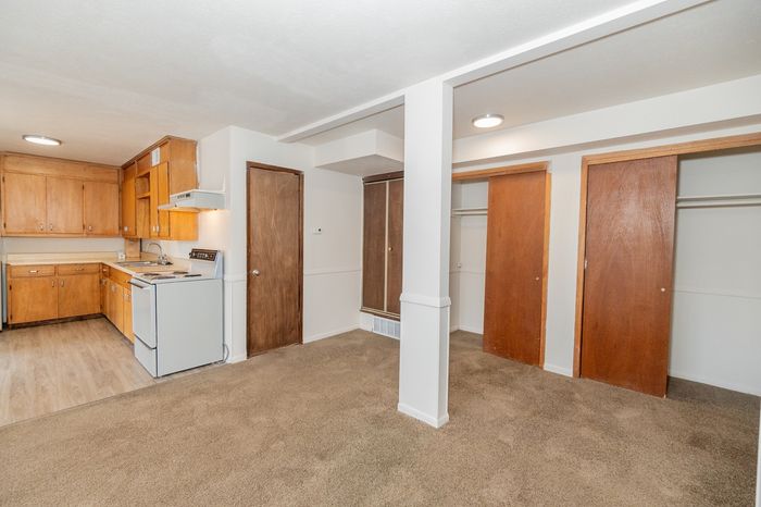 Charming apartment featuring a cozy open-plan kitchen with wooden cabinets and closet space, perfect for comfortable living.