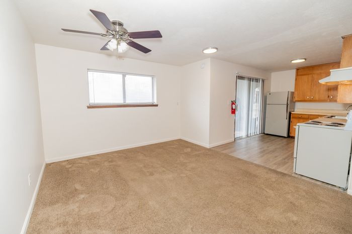 Bright living room with plush carpet, ceiling fan, and seamless access to a modern kitchen featuring wooden cabinetry and a sleek refrigerator.