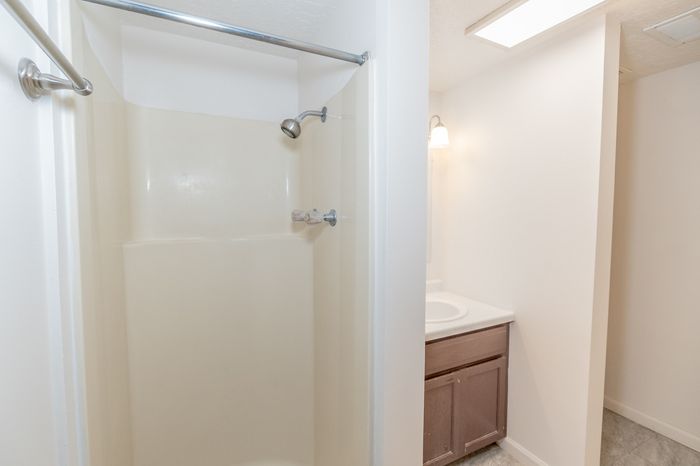 Bright and airy bathroom featuring a modern shower and elegant vanity area, perfect for a refreshing start to your day.