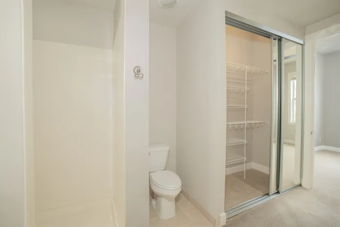 Modern bathroom with sleek shower, toilet, and spacious closet featuring sliding mirrored doors and ample storage solutions.