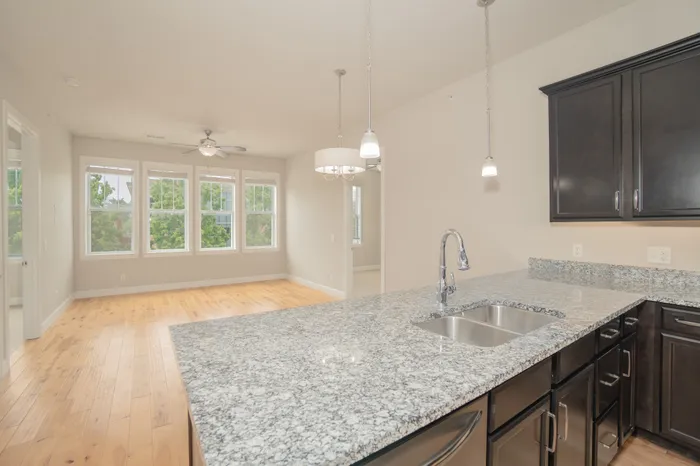 Bright and airy open-concept kitchen and living area with elegant granite countertops and dark wood cabinetry.