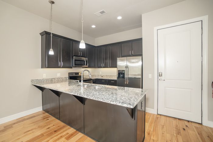 Modern kitchen with sleek dark cabinets, stainless steel appliances, and granite countertops illuminated by stylish pendant lights.