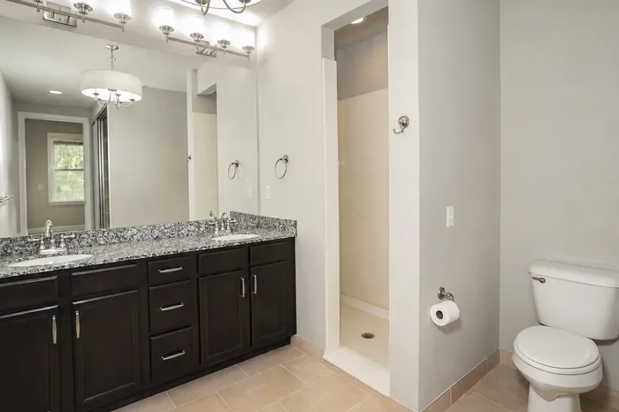 Elegant bathroom featuring a dual-sink granite vanity, modern fixtures, and a spacious walk-in shower.