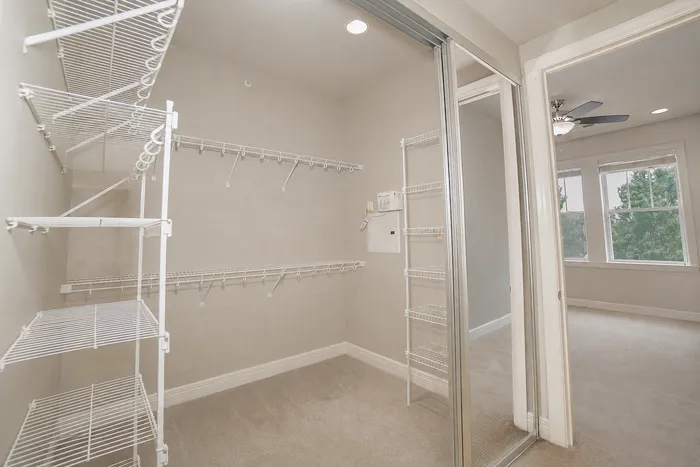 Spacious walk-in closet with ample shelving and mirrored doors adjacent to a bright carpeted room with large windows.