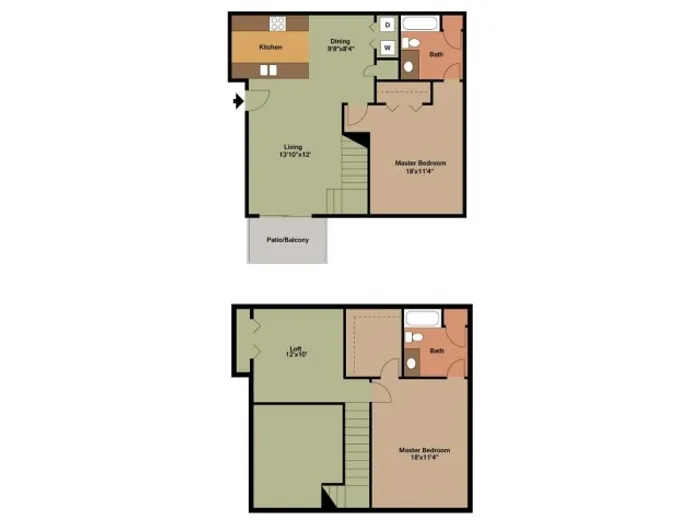 Floor plan of a two-story apartment. Top floor: kitchen, bathroom, and living room. Bottom floor: bedroom, bath, and laundry area.