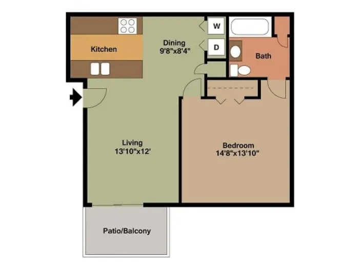 Floor plan of a 1 bedroom, 1 bath apartment showing a kitchen, dining, living area, bedroom, bath, and patio/balcony.