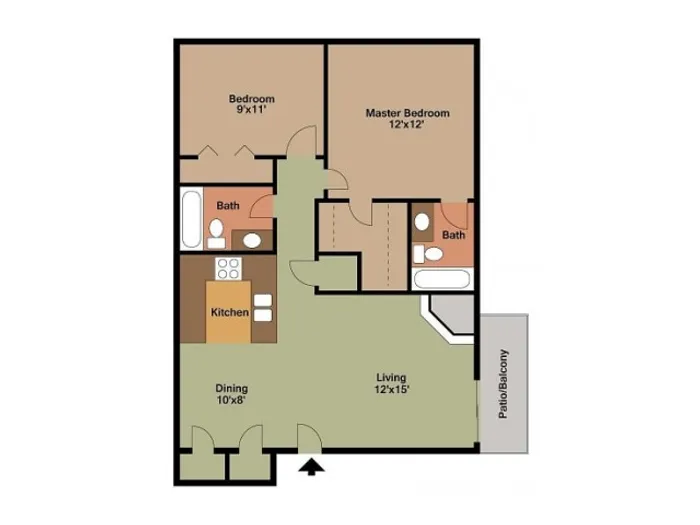 Floor plan of a two-bedroom apartment featuring a living room, kitchen, bathroom, and a patio/balcony.