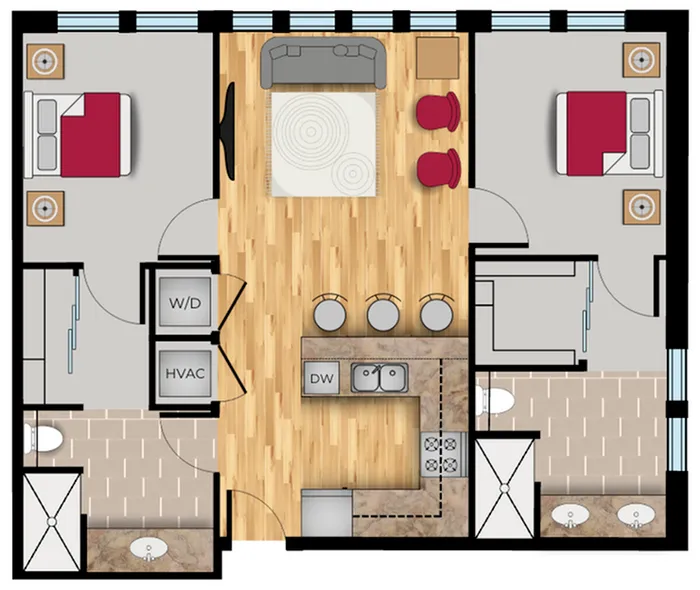 Floor plan of a two-bedroom, two-bath apartment featuring an open-concept kitchen and living area with central island, in-unit washer/dryer closet, wood-style flooring, and two bedrooms each with a private bath.