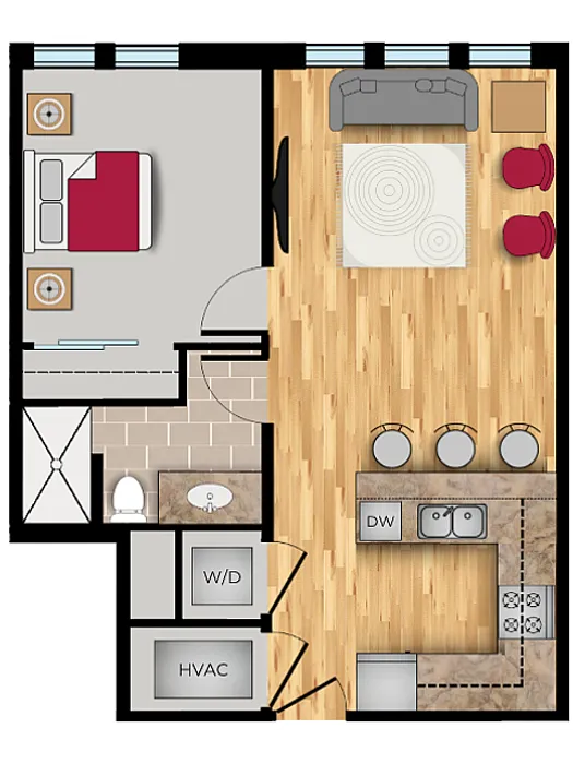 Floor plan of a one-bedroom, one-bath apartment featuring an open-concept kitchen and living area with central island, in-unit washer/dryer closet, wood-style flooring, and a bedroom adjacent to the bathroom.