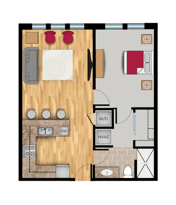 Colorful floor plan of a one-bedroom, one-bath apartment featuring an open living area with wood-style flooring, a modern kitchen with bar seating, a spacious bedroom with closet space, and an adjacent bathroom with a walk-in shower.