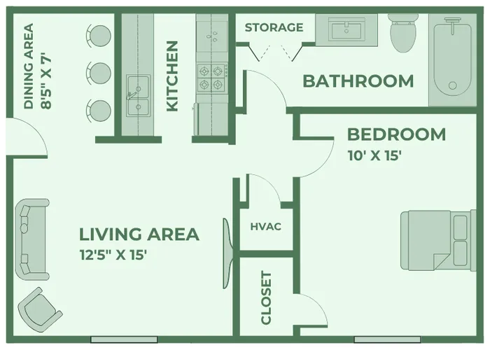 One-bedroom, one-bath apartment floor plan at Huntley Ridge East Apartments in Springfield, MO. Includes a 12'5