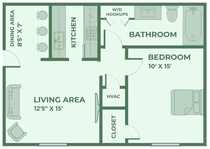 One-bedroom, one-bath apartment floor plan at Huntley Ridge East Apartments in Springfield, MO. Features a 12'5