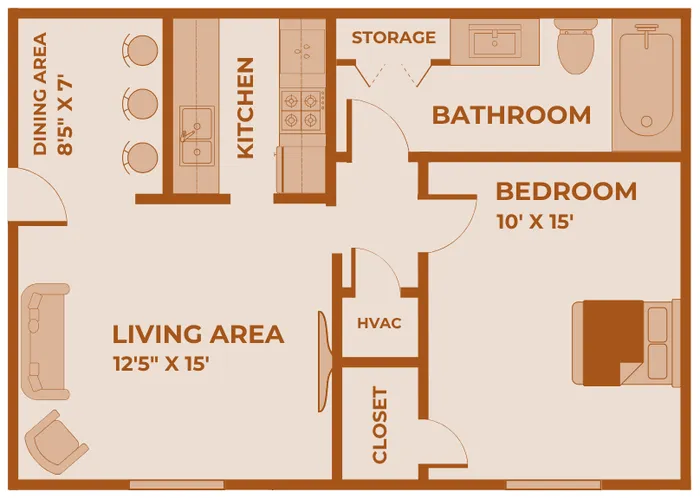 Upgraded one-bedroom, one-bath apartment layout at Huntley Ridge East Apartments in Springfield, MO. Floor plan features a spacious 12'5