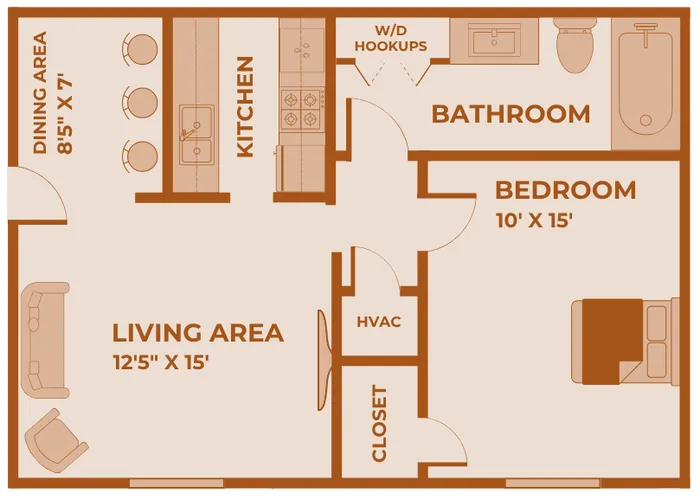 Upgraded one-bedroom, one-bath apartment floor plan with washer/dryer hookups at Huntley Ridge East Apartments in Springfield, MO. Includes a 12'5
