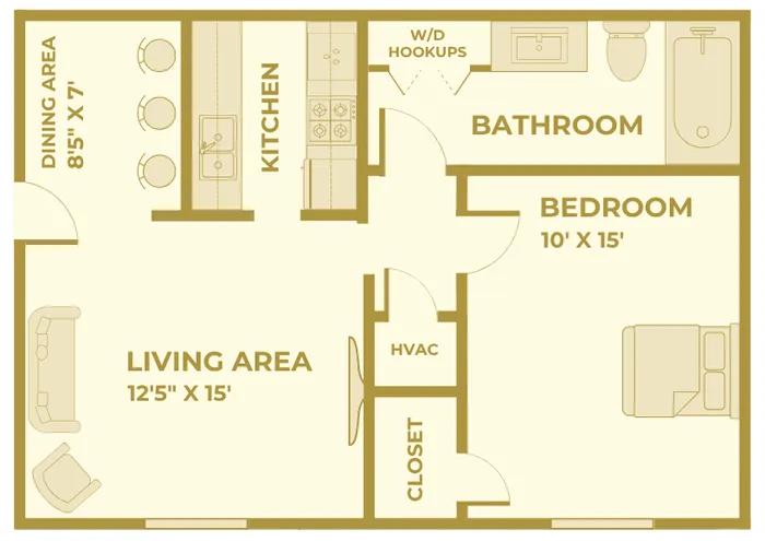 Renovated one-bedroom, one-bath apartment floor plan at Huntley Ridge East Apartments in Springfield, MO. Features a 12'5