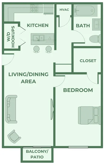 1 bedroom, 1 bathroom apartment floor plan at Huntley Ridge in Springfield, MO, featuring an open-concept living and dining area, private balcony/patio, kitchen with bar seating, washer/dryer hookups, and a spacious bedroom with walk-in closet and direct access to the bathroom. Ideal for comfortable and convenient living near local Springfield amenities.