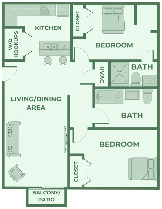 2 bedroom, 2 bathroom apartment floor plan at Huntley Ridge in Springfield, MO, showcasing a spacious open-concept living and dining area, private balcony or patio, kitchen with bar seating, and washer/dryer hookups. Each bedroom includes a large closet, and both bathrooms offer convenient access for residents or guests. Perfect for roommates or small families looking for comfort and functionality.