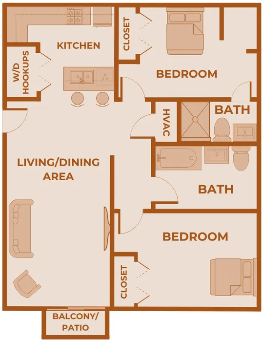 Upgraded 2 bedroom, 2 bathroom apartment floor plan at Huntley Ridge in Springfield, MO, featuring modern finishes, a spacious living/dining area, private balcony or patio, kitchen with bar seating, and washer/dryer hookups. Each bedroom includes ample closet space and easy access to a full bathroom. Designed for style, comfort, and functionality in a pet-friendly community.