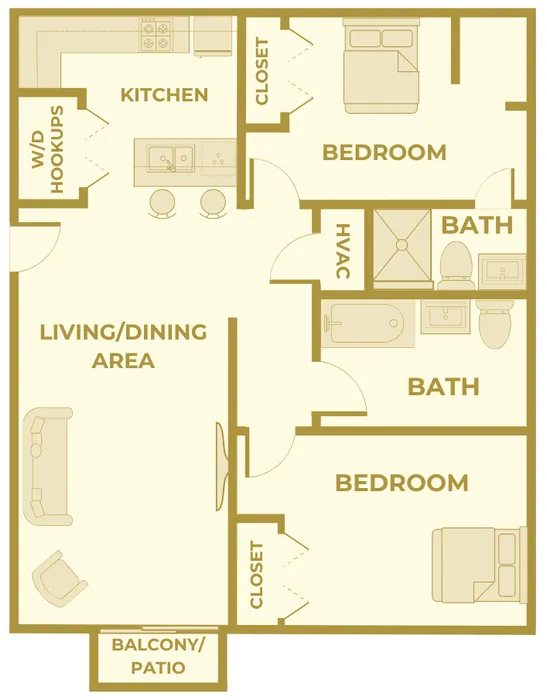 Floor plan of a renovated 2-bedroom, 2-bathroom apartment at Huntley Ridge Apartments in Springfield, MO. Layout includes a spacious living and dining area, full kitchen with breakfast bar, washer and dryer hookups, and a private balcony or patio. Each bedroom has a closet and direct access to a full bathroom. The unit also features a centrally located HVAC closet and a modern open-concept design.