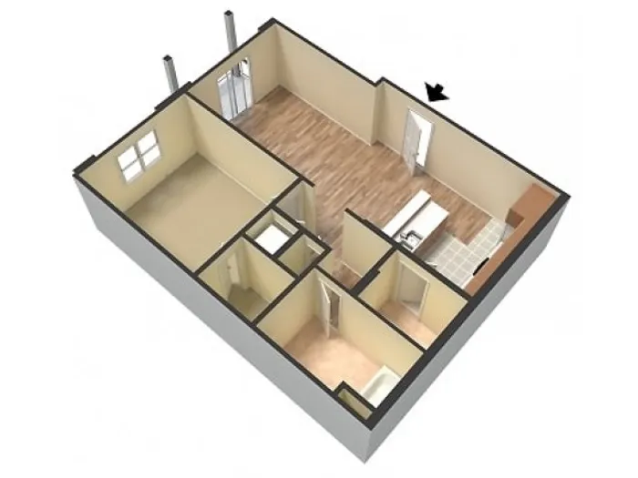 3D floor plan showing a simple layout with a living area, kitchen, one bedroom, and a bathroom. Neutral tones create a clean and organized feel.