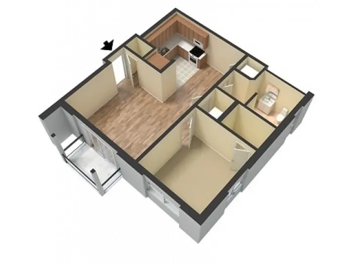 3D layout of a small apartment shows a kitchen with wooden floors, one bedroom, a bathroom, and a balcony.
