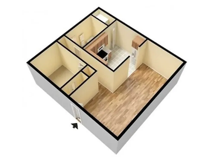 3D floor plan of a one-room apartment with wooden flooring, small kitchen, bathroom, and closet. The layout is compact and efficient.