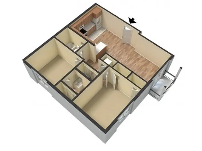 3D floor plan of an apartment with two bedrooms, 1.5 baths, and a kitchen. The layout features beige tones, wood flooring in the kitchen, and a compact, efficient design.