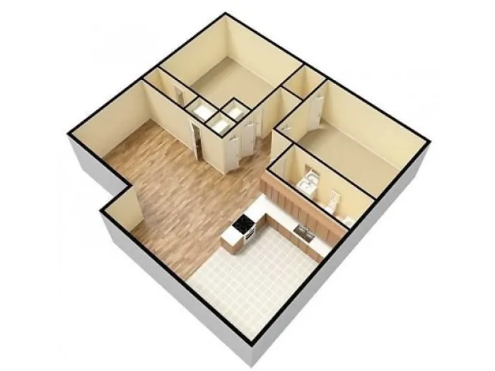 3D rendering of a simple apartment floor plan. Features two bedrooms, wood and tile flooring, a kitchen with appliances, and a bathroom. Neutral tones convey simplicity.
