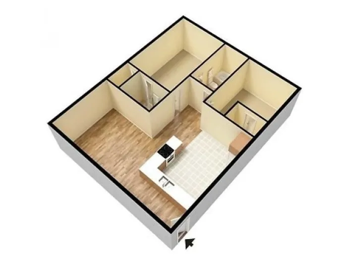 3D floor plan of a small apartment featuring a kitchen with white cabinets, two bedrooms, 2 bathrooms, and a wooden floor. Simple and functional layout.