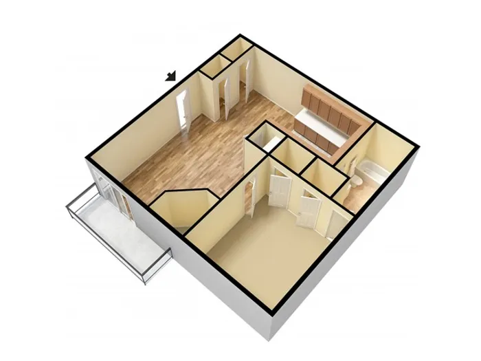 3D floor plan showing a single-room apartment with parquet flooring, a small bathroom, a kitchenette, and a balcony.