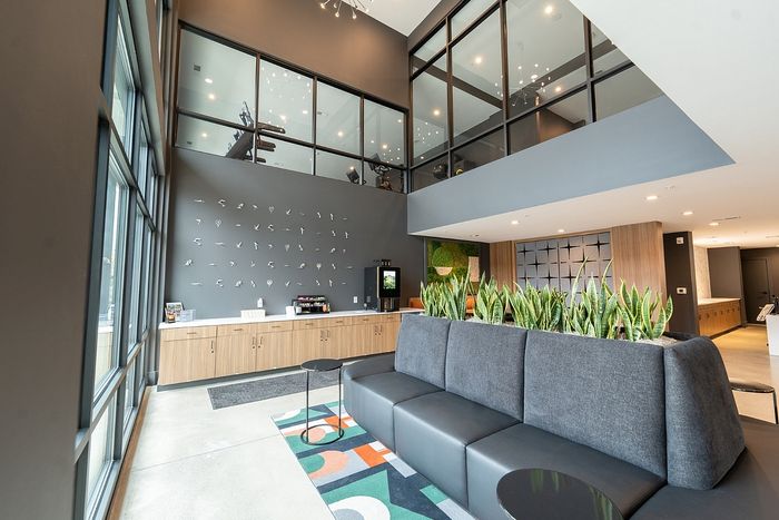 Modern apartment lobby with stylish decor, lush greenery, and ample natural light.