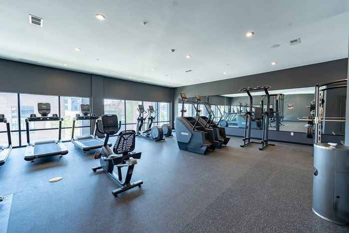 Modern fitness center with state-of-the-art equipment, surrounded by large windows for natural light.
