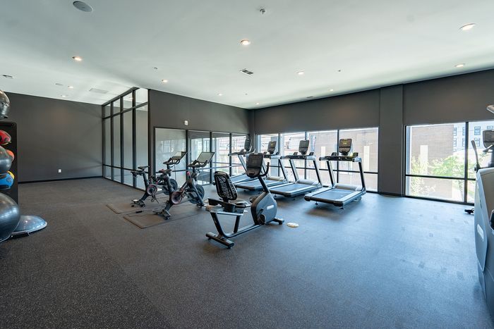 Modern fitness center with high-end cardio machines, expansive windows, and sleek, minimalistic design.