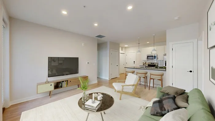 Bright and airy open-concept living space featuring a modern kitchen with elegant bar seating, cozy lounge area, and sleek entertainment setup.