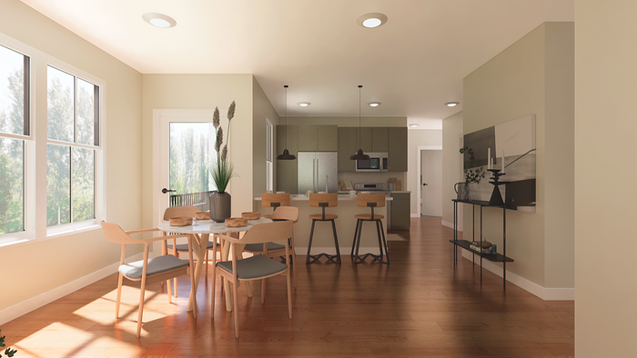 Bright and inviting open-plan kitchen and dining area with sleek modern design, wood flooring, and large windows letting in natural light.