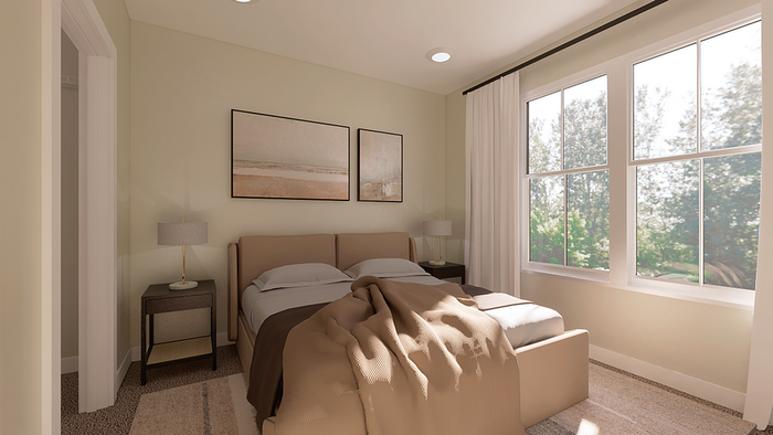 Inviting bedroom filled with natural light, featuring a cozy bed, elegant nightstands, and serene wall art.