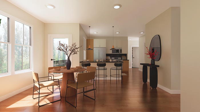 Bright and inviting open-concept kitchen and dining area with modern decor, wooden floors, and sunlit windows.